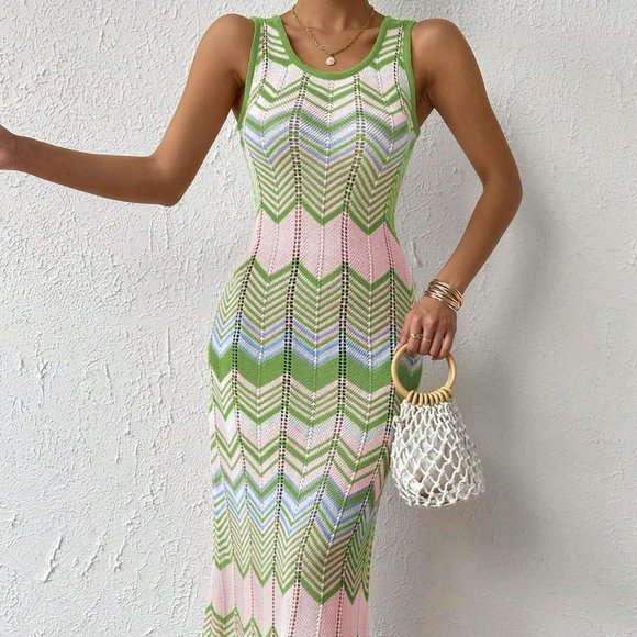 Salmon Pointelle Chevron Knit Open Back Midi Dress